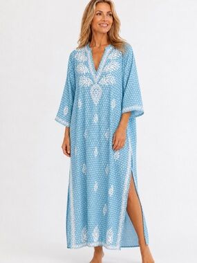 Amaya Textiles Size 40 (10) Blue White Floral Embroidered Kaftan Caftan Dress
